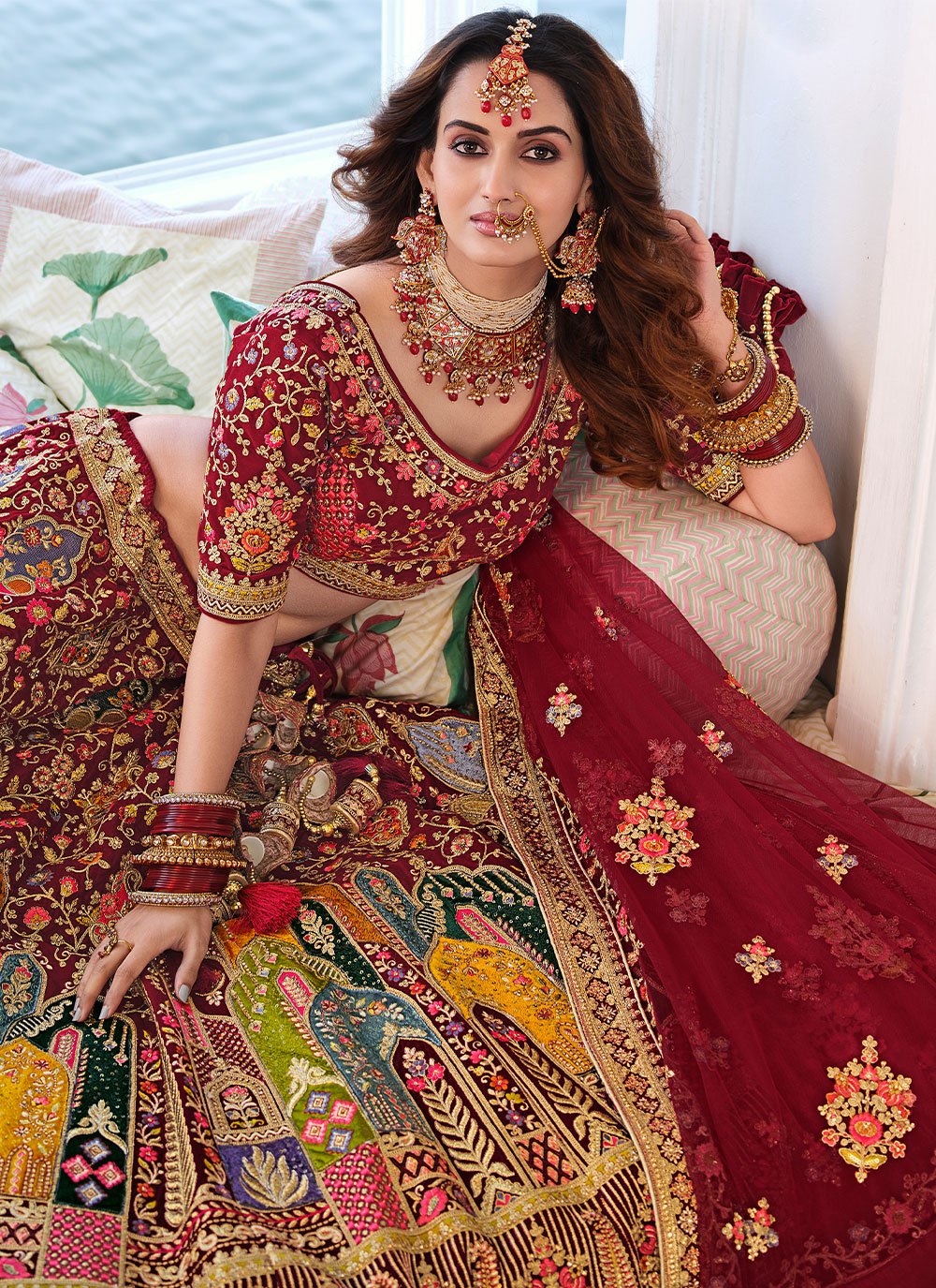 Buy Natural Fawn Lattice Patterned Mirrored Bridal Lehenga Online in India @ Mohey - Lehenga for Women