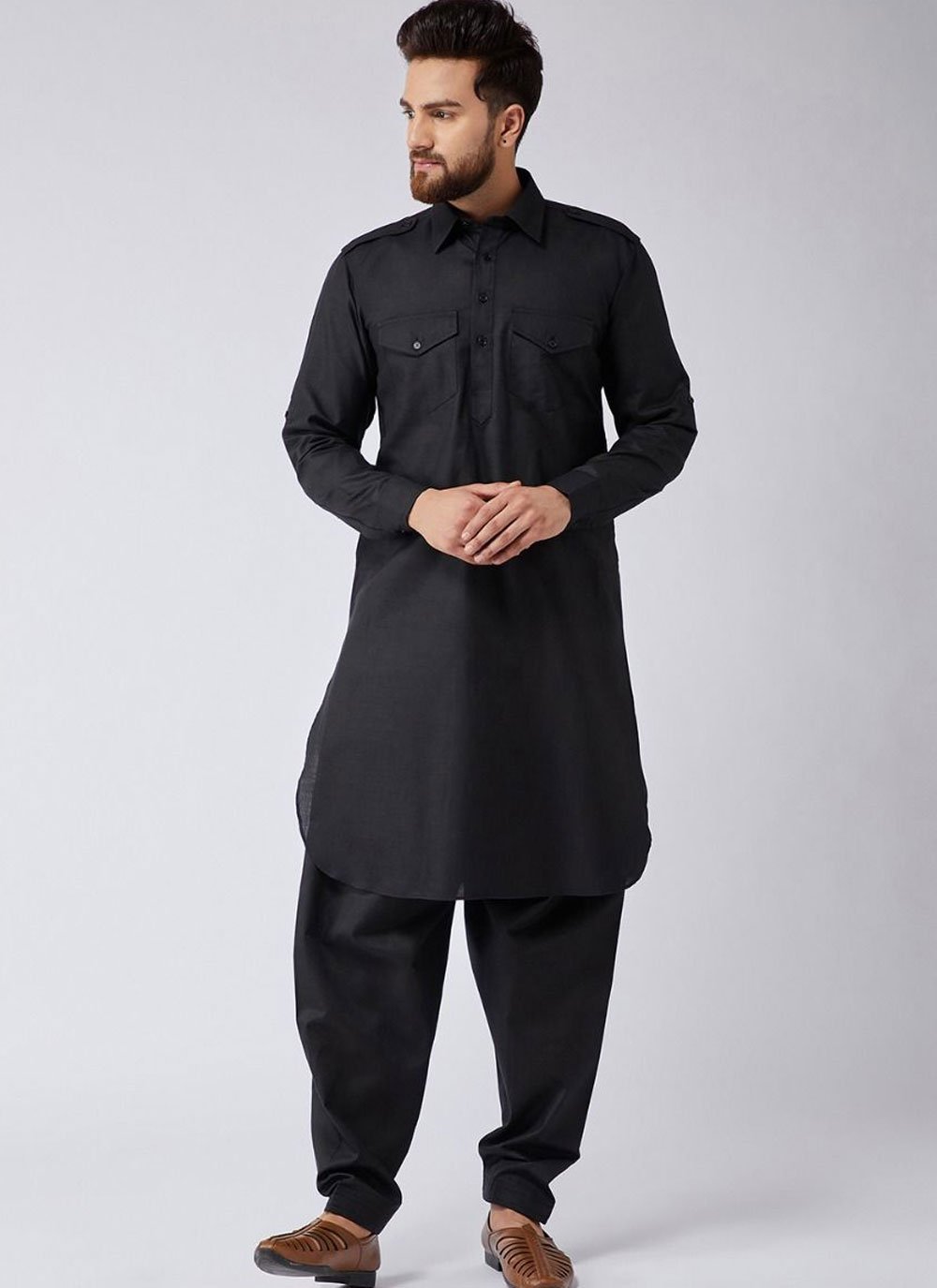 Buy Men's Black Poly Cotton work Pathani Suit Online : New Zealand -