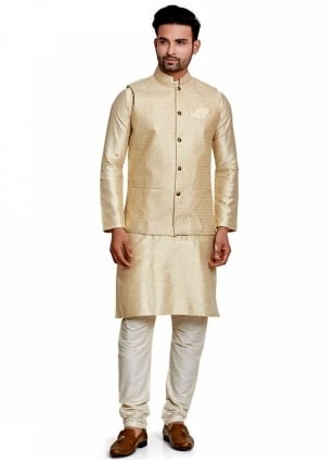 Men's Silk Plain Gold Nehru Jacket