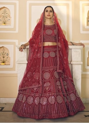 Buy Maroon Raw Silk Mughal And Peacock Pattern Bridal Lehenga Set For Women  by Annus Creation Online at Aza Fashions.