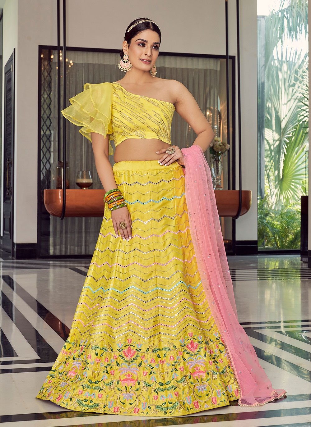 Buy Lemon Yellow Sequin Booti Lehenga with Embroidery Choli Boti Net  Dupatta for Girls Online