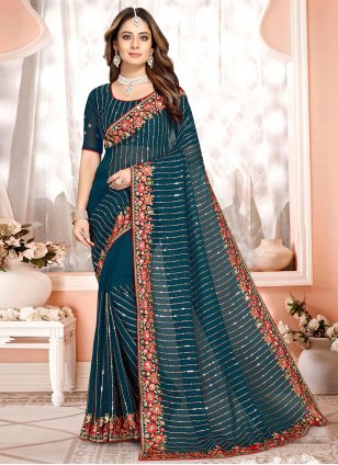 Morpich Georgette Embroidered Traditional Saree