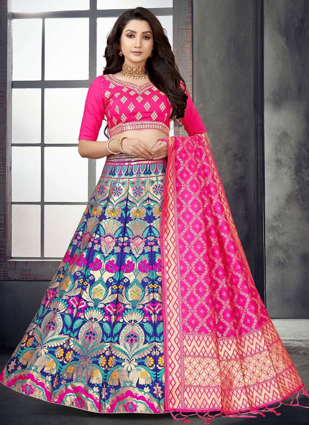 buy green orange banarasi lehenga choli online – Joshindia