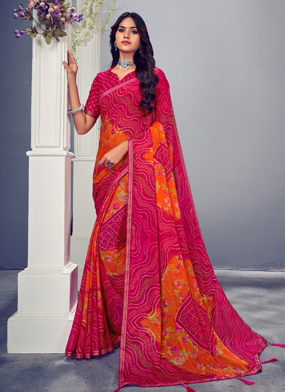 Looking for Bandhani Saree Store Online with International Courier? |  Trendy sarees, Orange chiffon, Saree designs