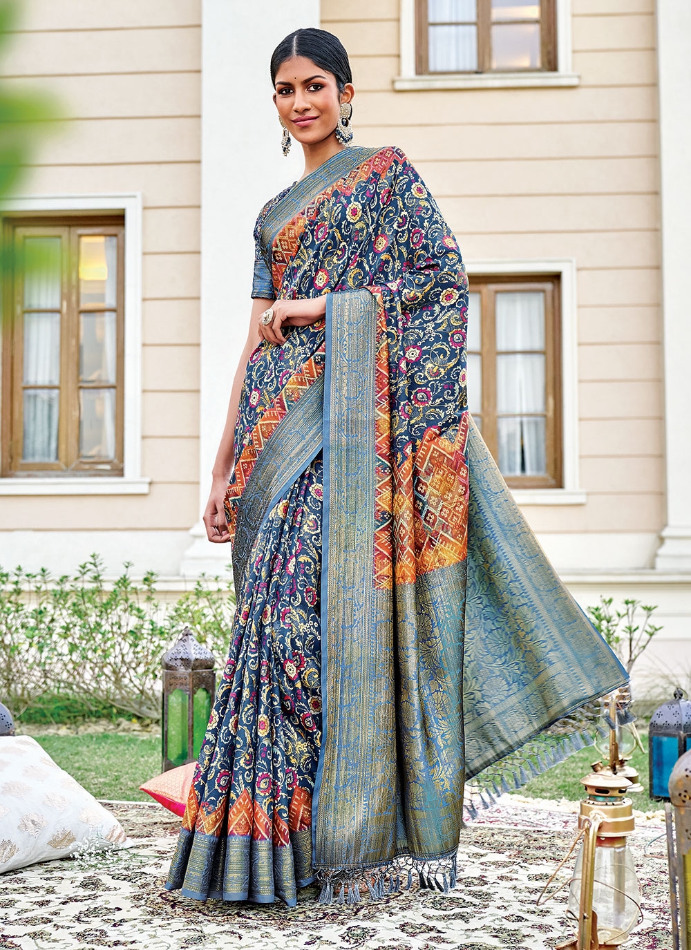 Yellow jacquard silk saree, contrast border of bogudi,vanki,muthu & manga  designs & pallu of intricate zari designs