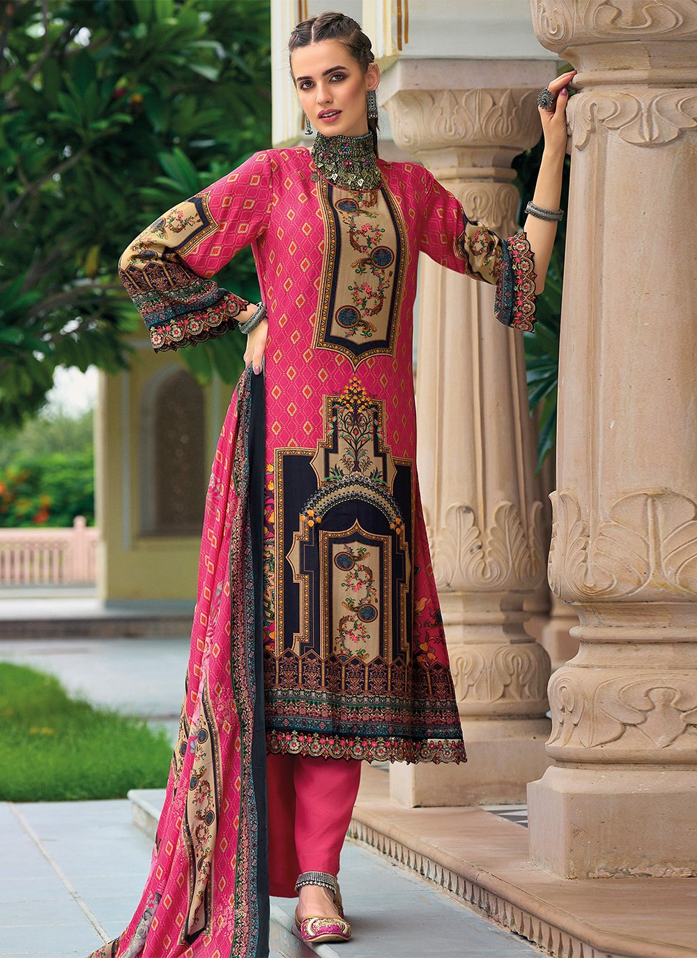 Salwar Suits : Multicolor tabby silk printed and handwork