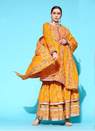 Mustard color Cotton  Sharara Salwar Suits with Cord Work work