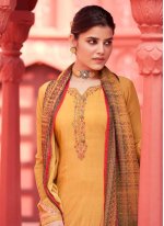 Mustard Faux Crepe Embroidered Designer Pakistani Suit