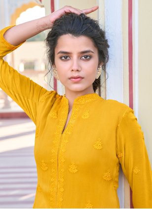 Mustard Georgette Embroidered Casual Kurti