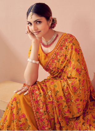 Mustard Georgette Embroidered Designer Sari