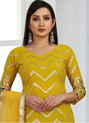 Mustard Georgette Embroidered Trendy Salwar Suits