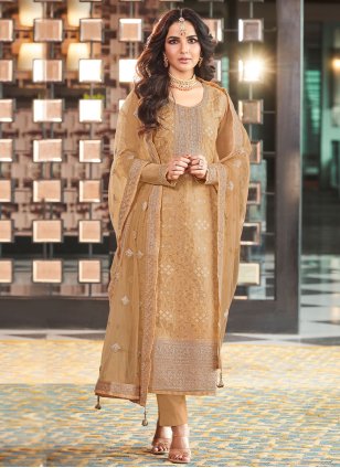 Mustard Jacquard Embroidered Pant Style Suit