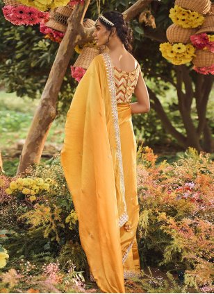 Mustard Silk Fancy Work Contemporary Sari