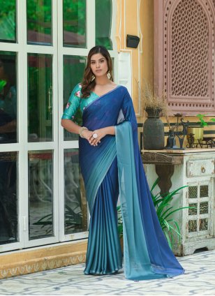 Navy blue color Chinon Traditional Saree with Printed work