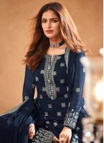 Navy Blue Embroidered Faux Georgette Designer Pakistani Salwar Suit