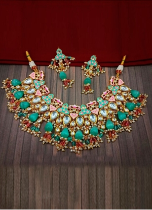 Necklace Set in Morpich and Multi Colour Enhanced with Kundan