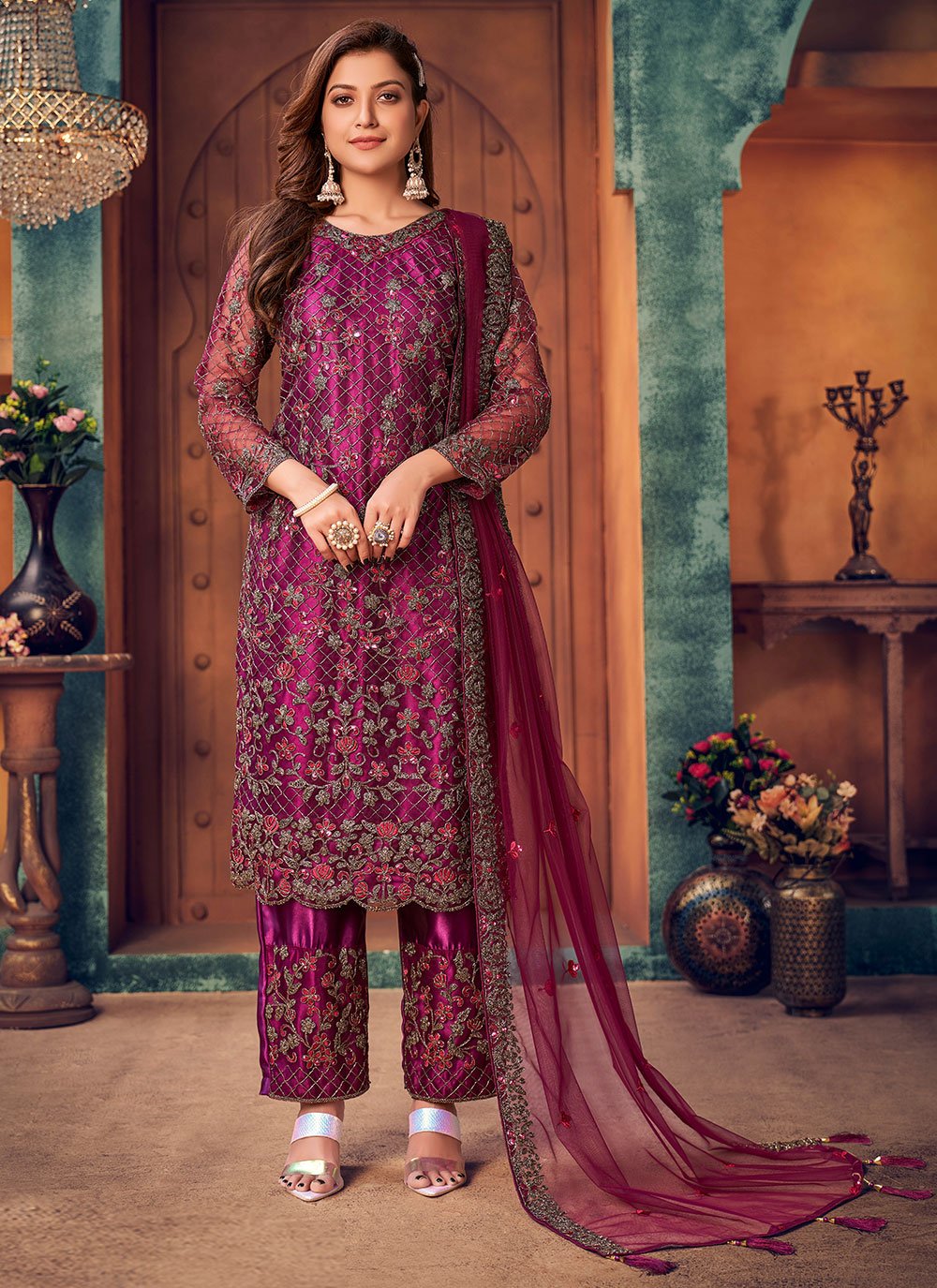Purple Designer Rangoli Bended Silk Plazo Suit - Zoharin - 3204280