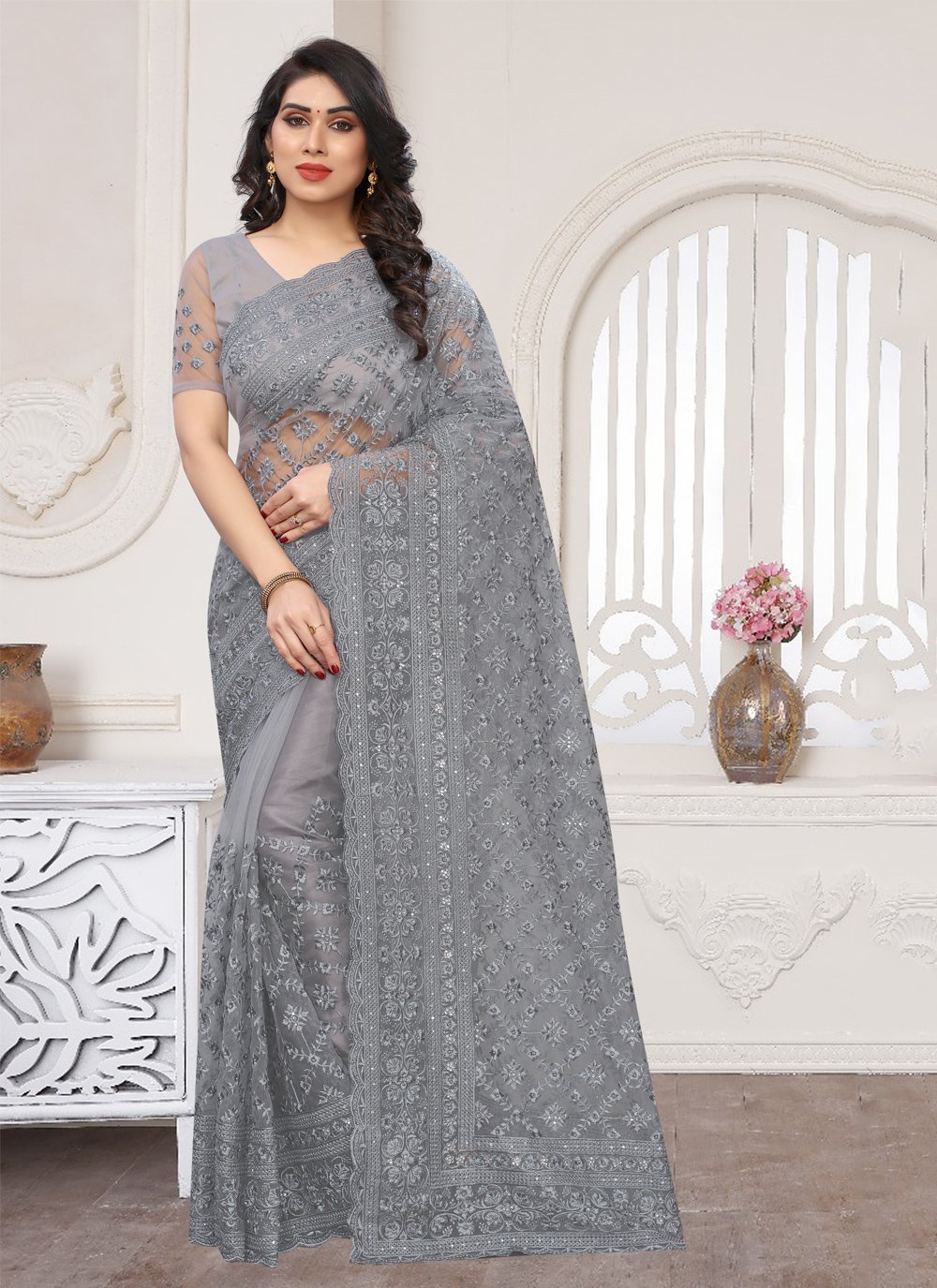 Buy Net Embroidered Trendy Saree in Grey Online : Canada - Ready