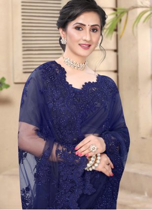 
                            Net Embroidered Trendy Saree in Navy Blue
