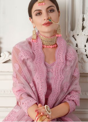 Net Pink Embroidered Trendy A Line Lehenga Choli
