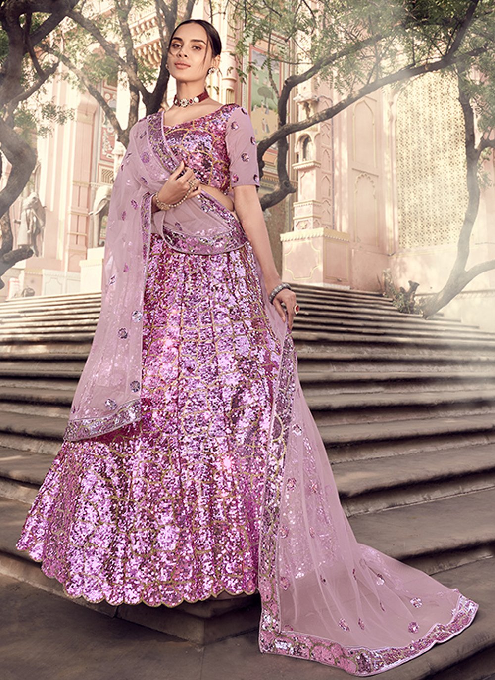 Light Lavender Fine Net, Georgette Lehenga