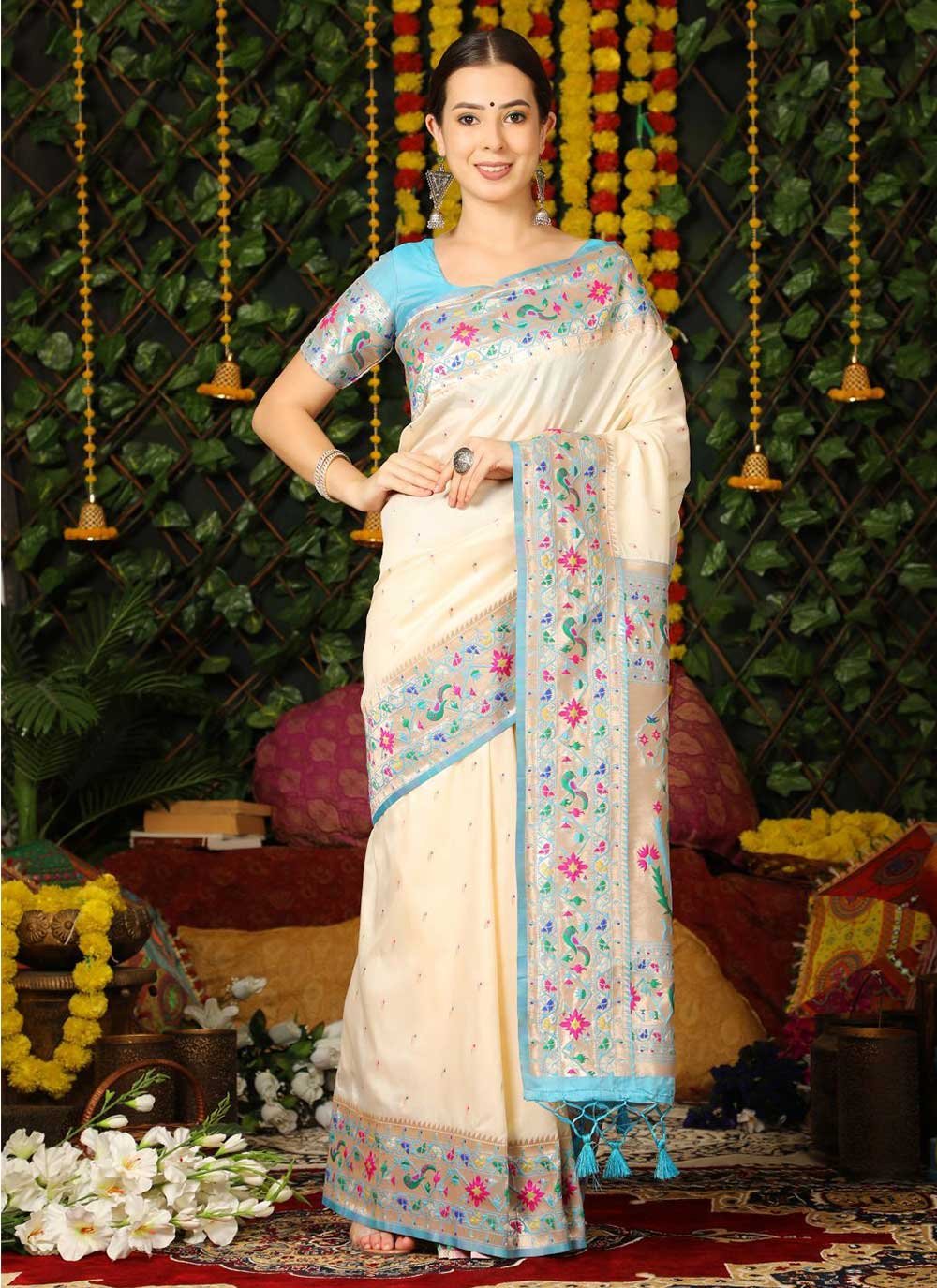 Katan Banarasi silk saree white Rani - Putul's fashion – Putul's Fashion