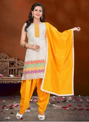 Off White Fancy Banglori Silk Designer Patiala Suit