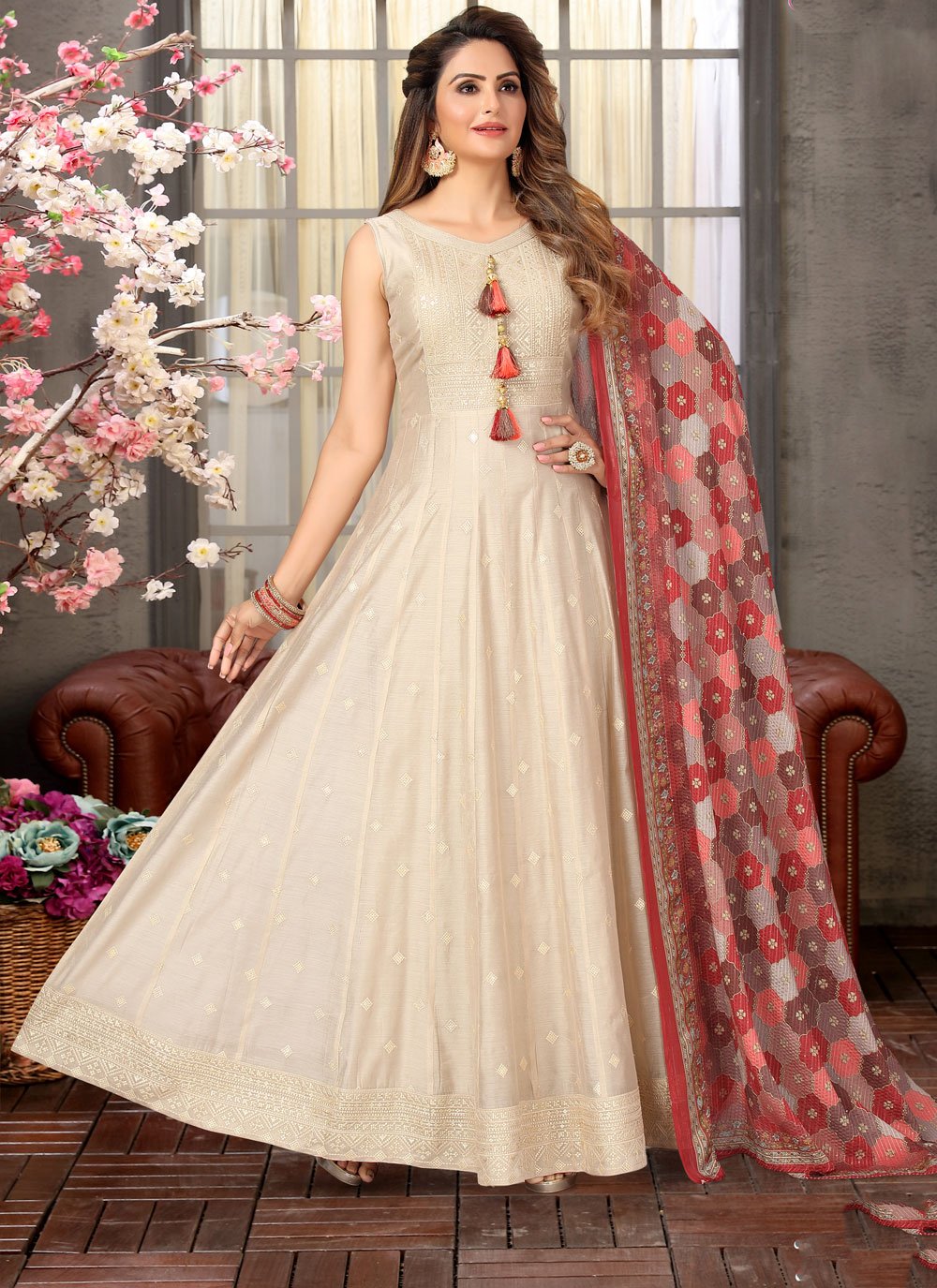 Faux Georgette Embroidery Anarkali Suit In Off White Colour - SM1775346