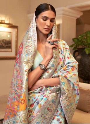 Off White Handloom Silk Weaving Trendy Sari