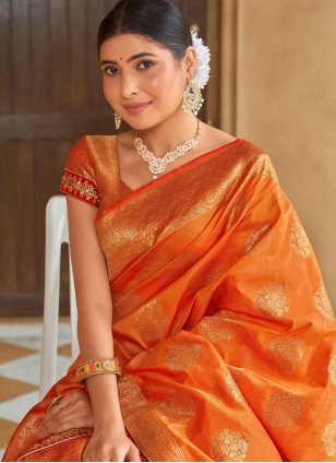 Orange Banarasi Silk Weaving Contemporary Saree