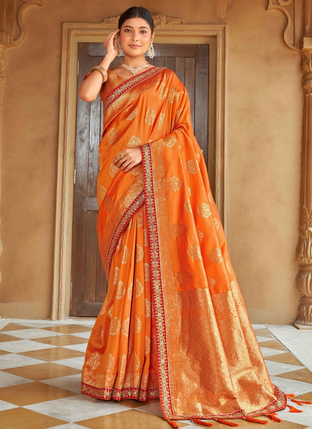 Orange Banarasi Silk Weaving Contemporary Saree Low Price 9060