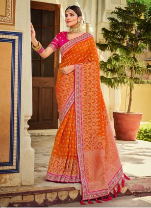 Orange Banarasi Silk Weaving Contemporary Sari