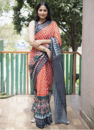 Orange Cotton  Digital Print Classic Saree