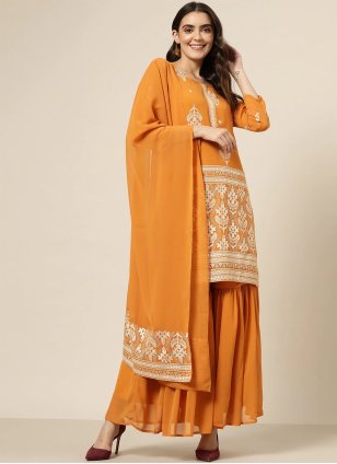 Orange Georgette Foil Print Readymade Salwar Suit