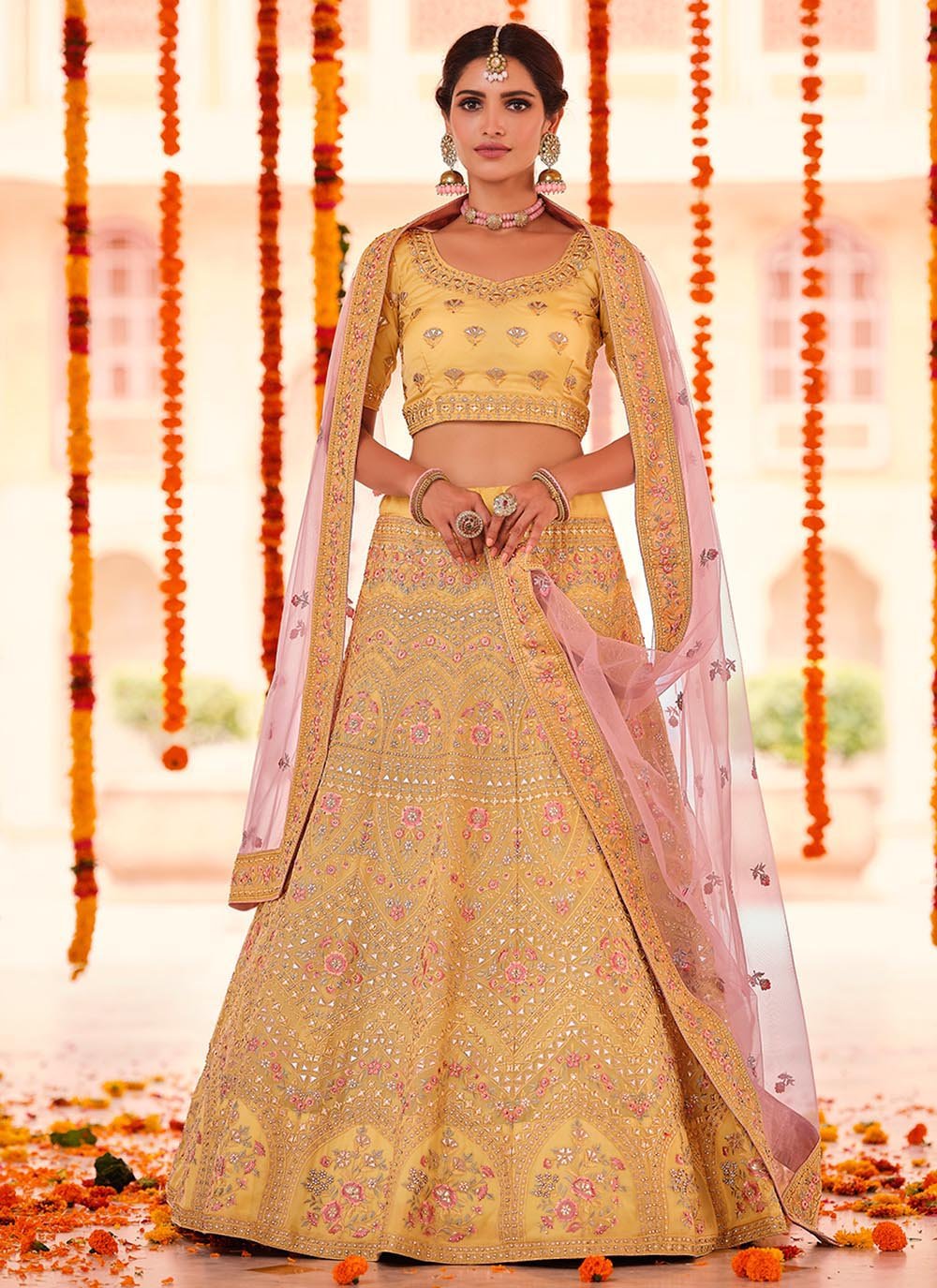 Buy Yellow Georgette Embroidered Gota Patti Nimrat Work Kurta Lehenga Set  For Women by Gulabo Jaipur Online at Aza Fashions.
