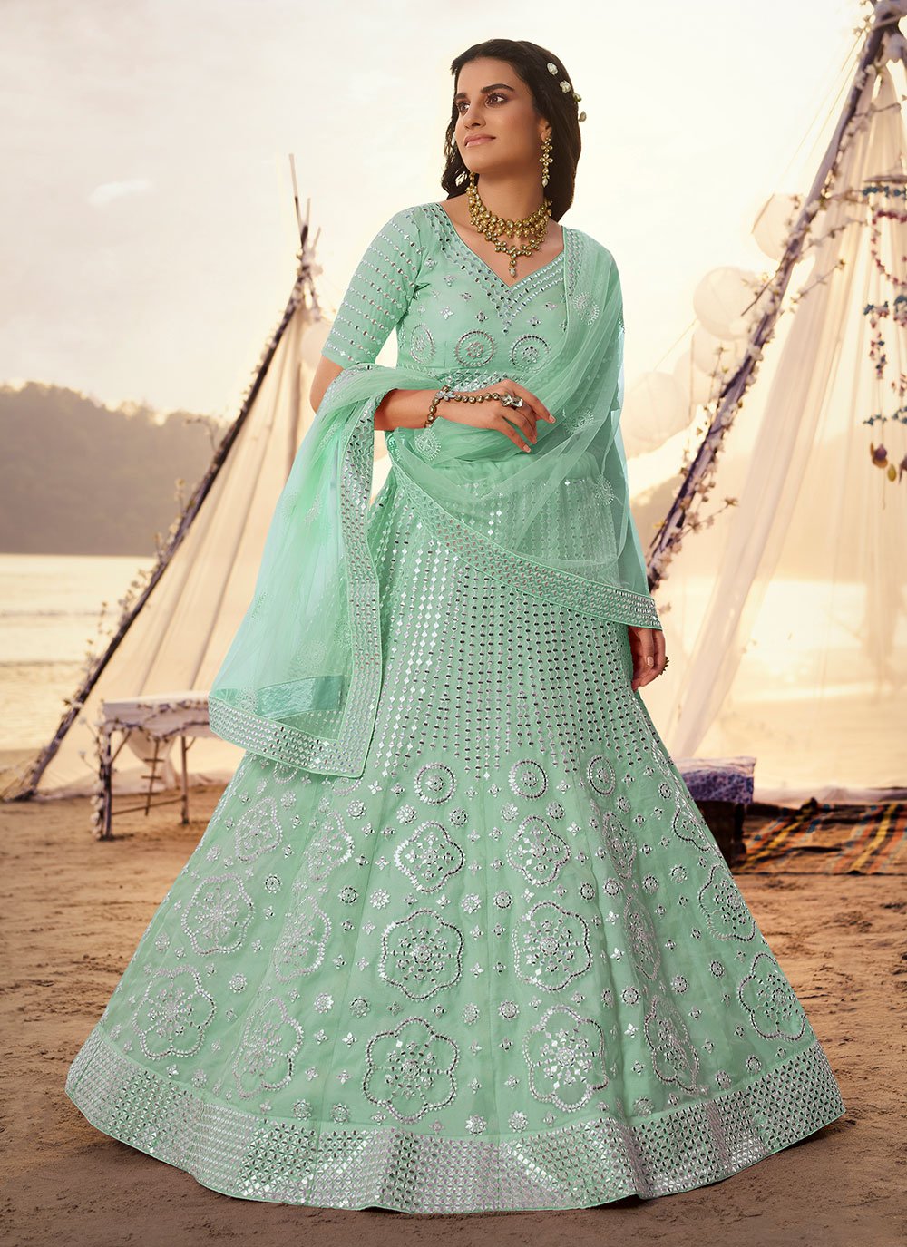 Weaving Work Art Silk Fabric Designer Lehenga Choli In Sea Green Color