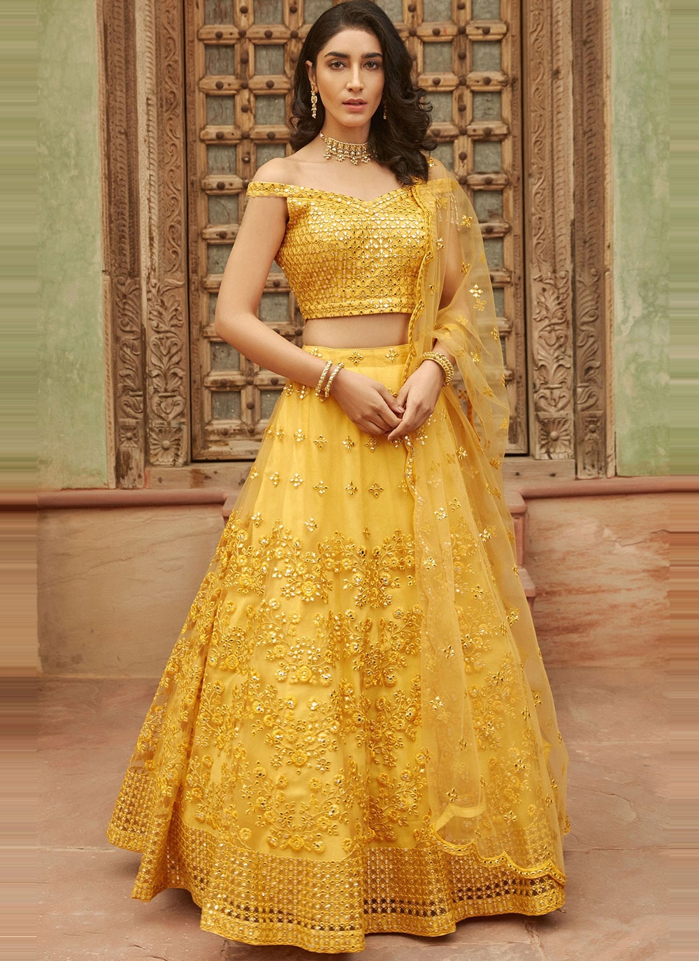 Buy Yellow Resham Sangeet Lehenga Choli Online : UK - Designer Lehenga Choli