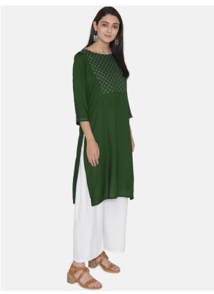 Party Wear Kurti Embroidered Rayon in Sea Green