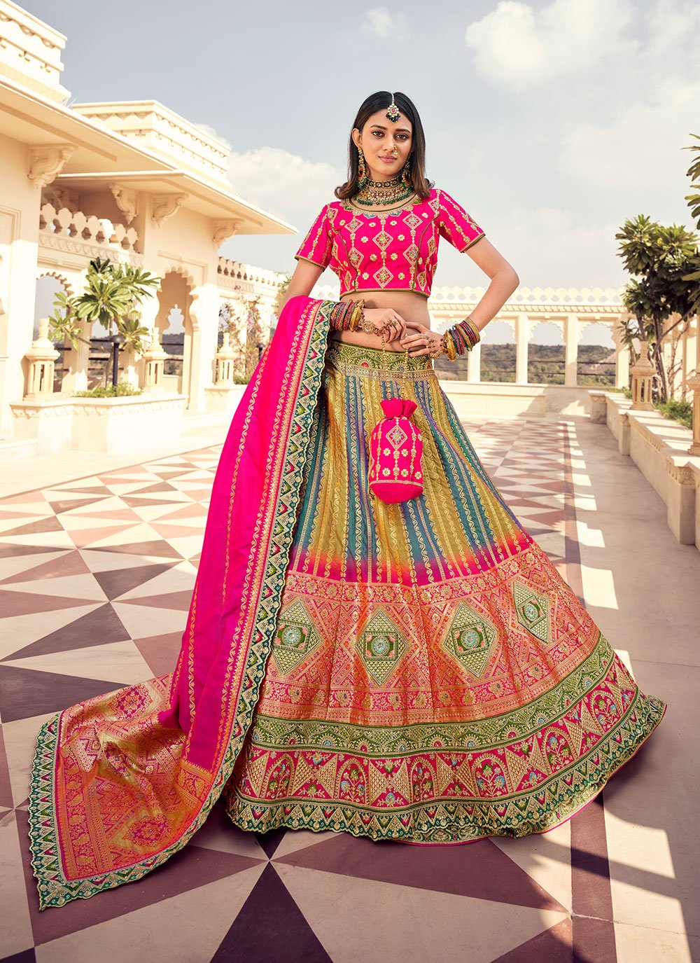 Luxuriant Sequence Embroidery Work Green With Pink Lehenga C