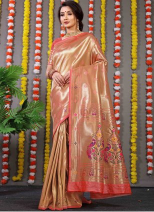 Peach Banarasi Silk Weaving Contemporary Sari
