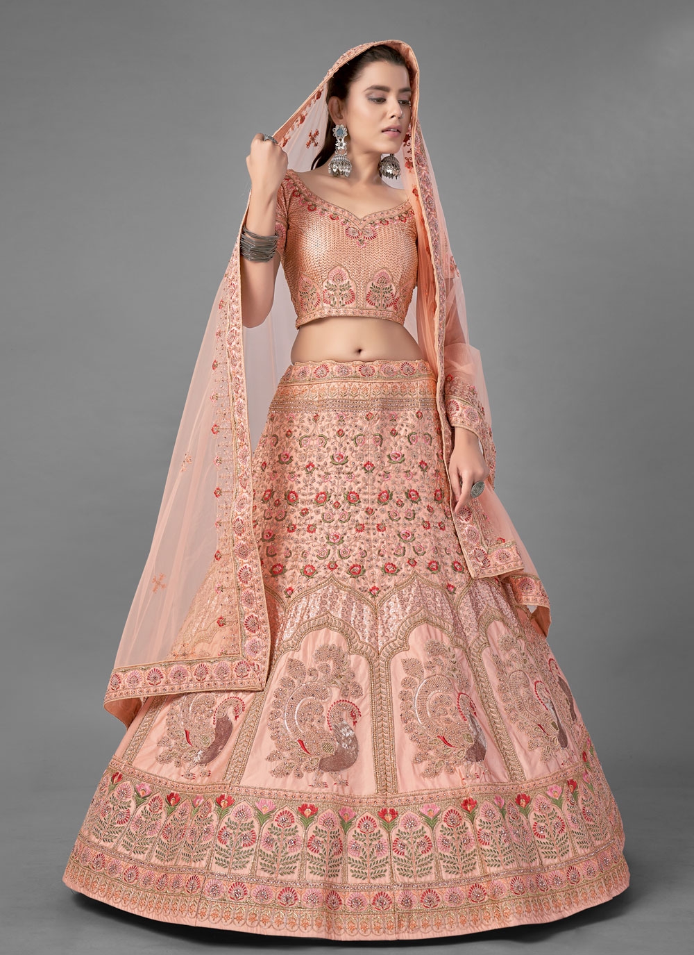 Peach color lehenga for reception/engagement: Silk Bridal Lengha – B Anu  Designs