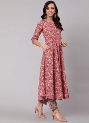 Peach Cotton  Printed Pant Style Suit