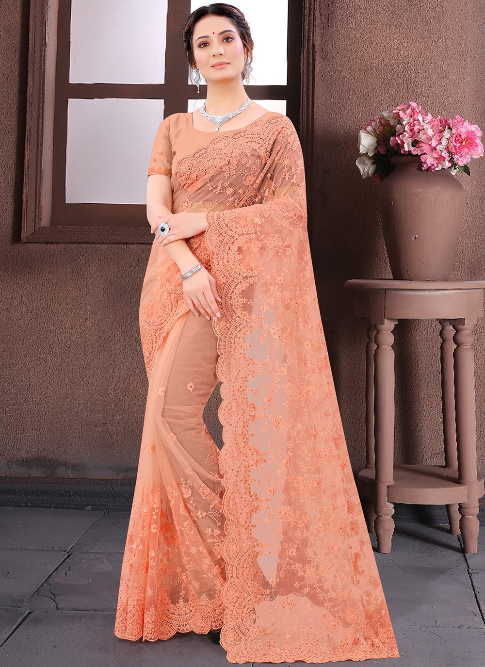 Pure Kanchipuram Silk Peach Saree – Sunasa