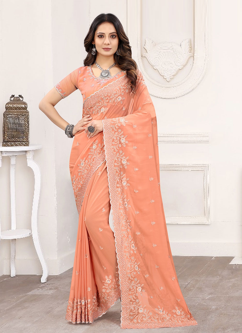 Buy Peach knitted georgette wedding wear saree in UK, USA and Canada |  Chiffon saree party wear, Saree designs party wear, Stylish sarees