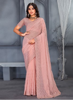 Peach Georgette Embroidered Designer Sari