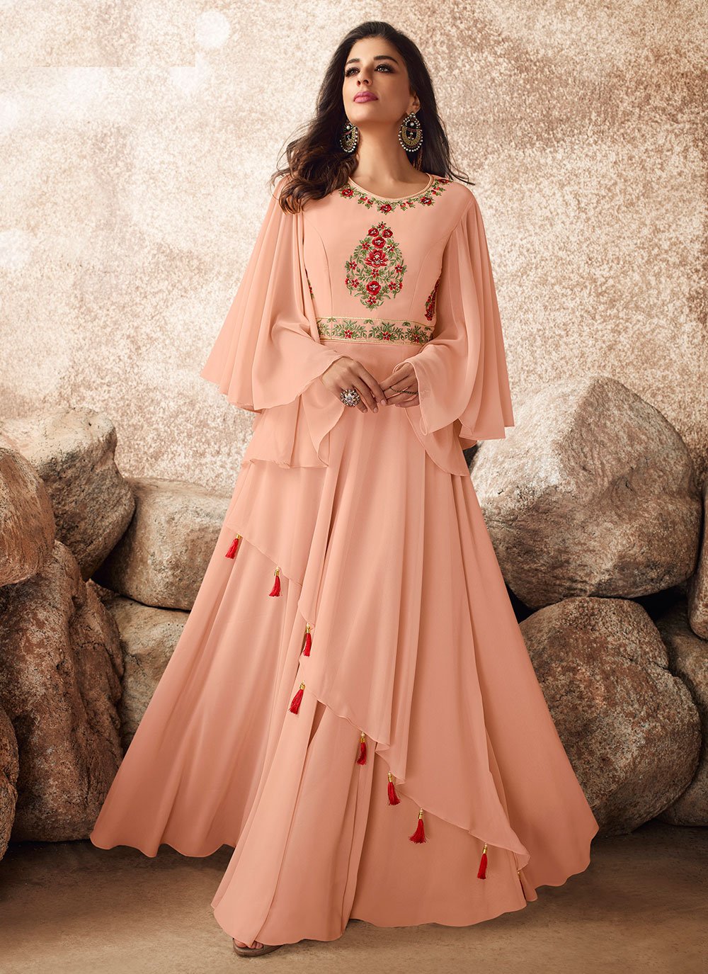 Mesmeric Peach Colored Party Wear Embroidered Net Gown With Dupatta