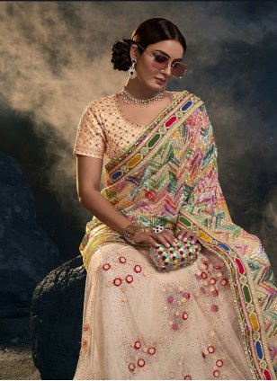 Peach Net Embroidered Classic Sari