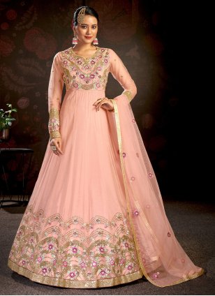 Peach Pink Metallic Foil Work Georgette Anarkali Gown – Maharani