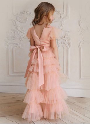 Peach Net Fancy Work Designer Gown for Girl