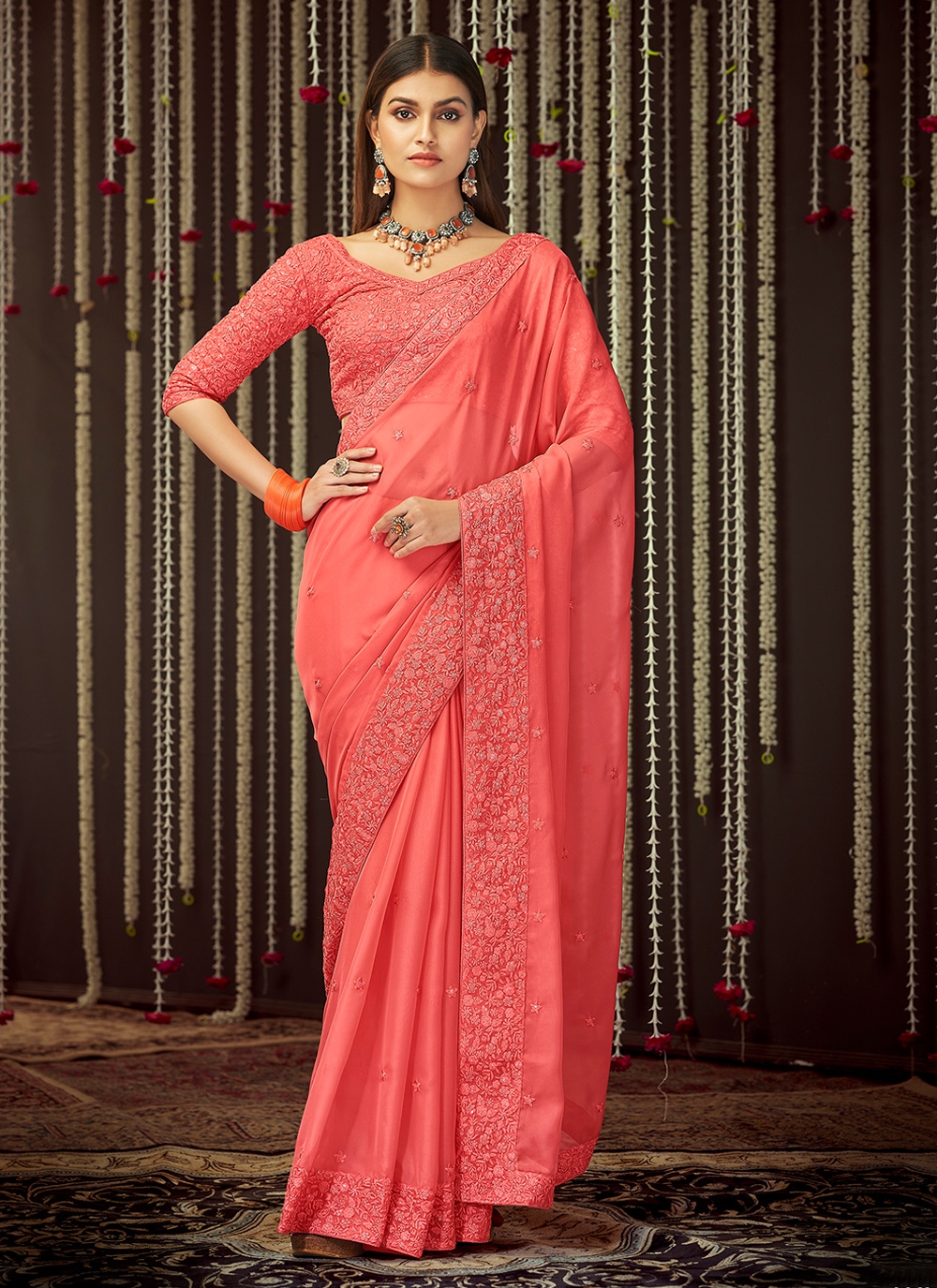 Shaded Peach Color Silk Base Saree With Heavy Worked Contrast Blouse